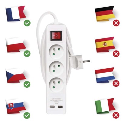 Prodlužovací kabel 2 m / 3 zásuvky / s vypínačem / bílý / PVC / s USB / 1,5 mm2