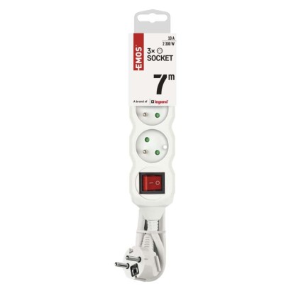 Prodlužovací kabel 7 m / 3 zásuvky / s vypínačem / bílý / PVC / 1 mm2