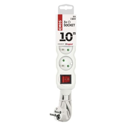 Prodlužovací kabel 10 m / 3 zásuvky / s vypínačem / bílý / PVC / 1 mm2
