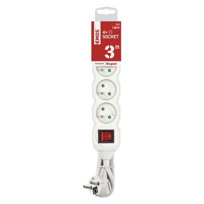 Predlžovací kábel 3 m / 4 zásuvky / s vypínačom / biely / PVC / 1,5 mm2