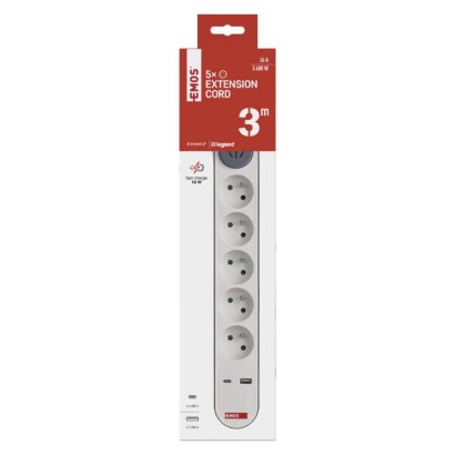 Prodlužovací kabel 3 m / 5 zásuvky / s vypínačem / bílý / 1×USB-A + 1×USB-C / 1,5 mm2