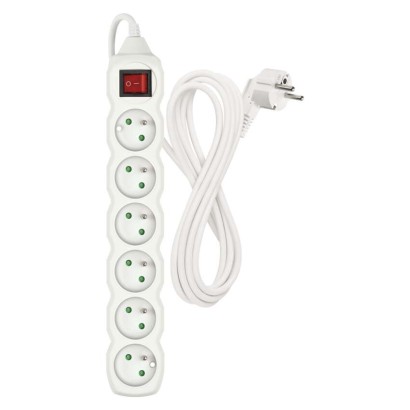 Predlžovací kábel 3 m / 6 zásuviek / s vypínačom / biely / PVC / 1,5 mm2