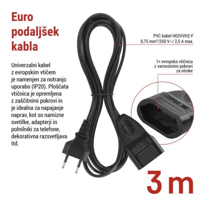 Podaljšek 3 m / 1 vtičnica / črn / PVC / 0,75 mm2