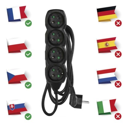 Przedłużacz 3 m / 4 gniazda / czarny / PVC / 1 mm2