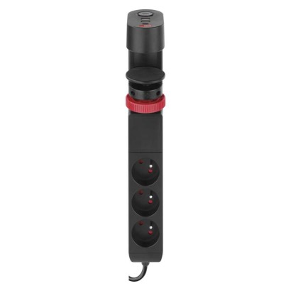 Przedłużacz 1,5 m/3 gniazda/przełącznik/uchwyt biurkowy/USB/czarny/PVC/1,5 mm2