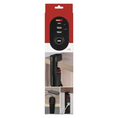 Przedłużacz 1,5 m/3 gniazda/przełącznik/uchwyt biurkowy/USB/czarny/PVC/1,5 mm2