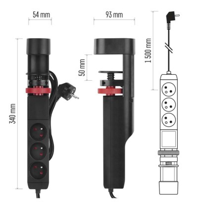 Przedłużacz 1,5 m/3 gniazda/przełącznik/uchwyt biurkowy/USB/czarny/PVC/1,5 mm2