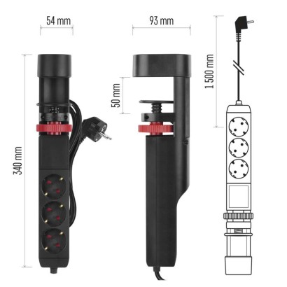 Verlängerungskabel 1,5m/3 Steckdosen/Schalter/Schreibtischmontage/USB/schwarz/PVC/1,5mm2 