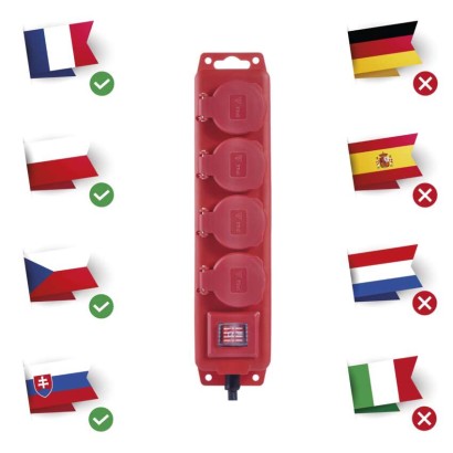 Predlžovací kábel 5 m / 4 zásuvky / s vypínačom / čierno-červený / guma-neoprén / 1,5 mm2