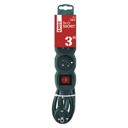 Prodlužovací kabel 3 m / 3 zásuvky / s vypínačem / zelený / PVC / 1,5 mm2