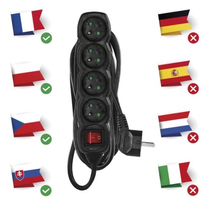 Prodlužovací kabel 5 m / 4 zásuvky / s vypínačem / černý / PVC / 1,5 mm2
