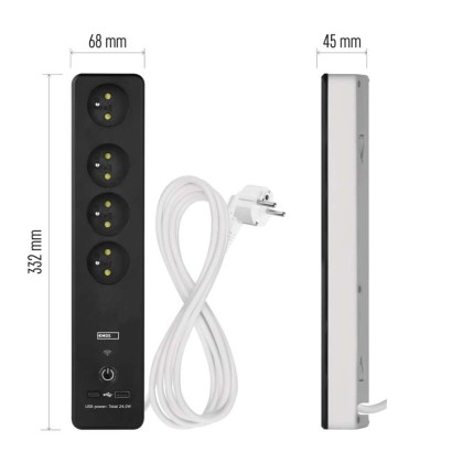 GoSmart Przedłużacz 2 m / 4 gniazda / z wyłącznikiem / z USB / biało-czarny / PVC / 1,5mm2