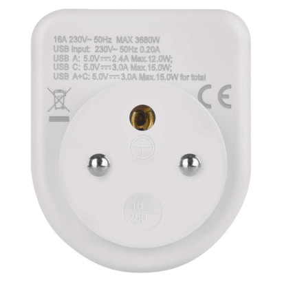 Rozbočovací zásuvka 1×, 1×USB-A+1×USB-C, bílá