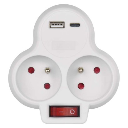Rozbočovací zásuvka 2×, vyp., 1×USB-A+1×USB-C, bílá