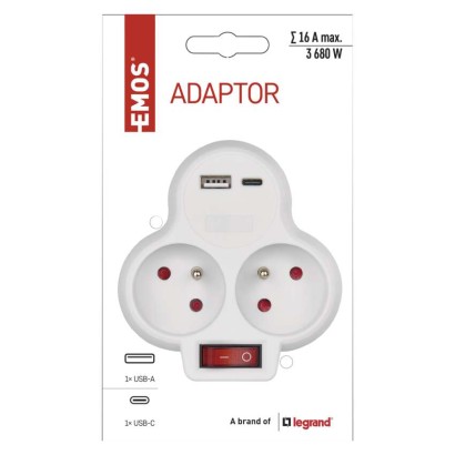 Rozbočovací zásuvka 2×, vyp., 1×USB-A+1×USB-C, bílá