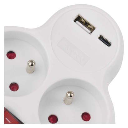 Rozbočovací zásuvka 2×, vyp., 1×USB-A+1×USB-C, bílá