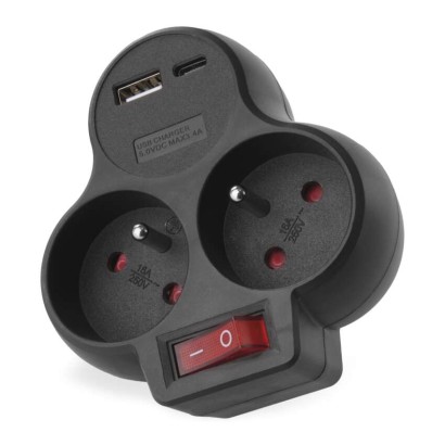 Rozbočovací zásuvka 2×, vyp., 1×USB-A+1×USB-C, černá