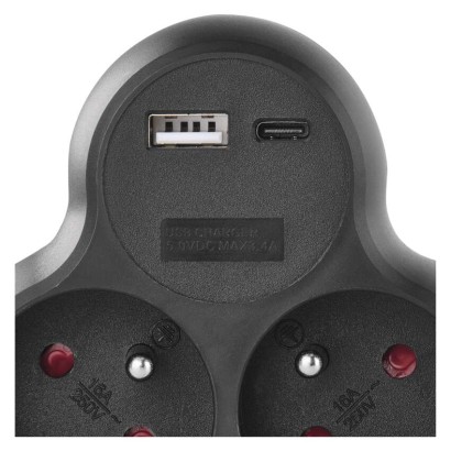 Rozbočovací zásuvka 2×, vyp., 1×USB-A+1×USB-C, černá