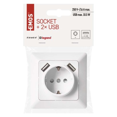 Vtičnica z USB 2,1A max., schuko, bela