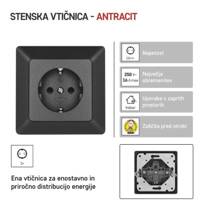 Vtičnica Schuko antracit