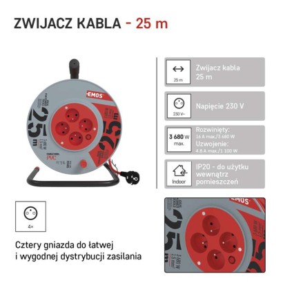 Przedłużacz bębnowy 25 m / 4 gniazda / czerwony / PVC / 230 V / 1,5 mm2