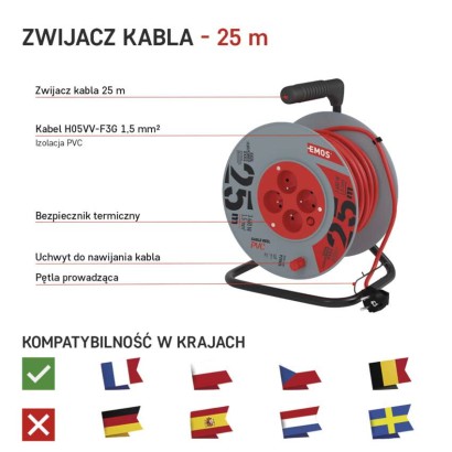 Przedłużacz bębnowy 25 m / 4 gniazda / czerwony / PVC / 230 V / 1,5 mm2