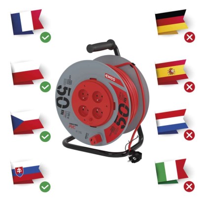 Predlžovací kábel na bubne 50 m / pevný stred / 4 zásuvky / červený / PVC / 230 V / 1,5mm2