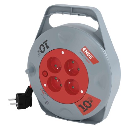Przedłużacz zwijany 10 m / 4 gniazda / czerwony / PVC / 230 V / 1 mm2