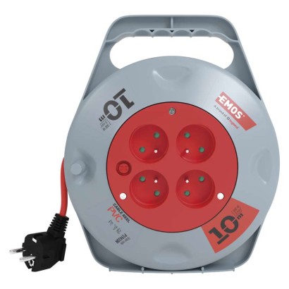 Przedłużacz zwijany 10 m / 4 gniazda / czerwony / PVC / 230 V / 1 mm2