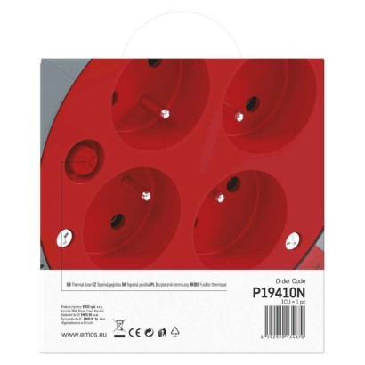Przedłużacz zwijany 10 m / 4 gniazda / czerwony / PVC / 230 V / 1 mm2