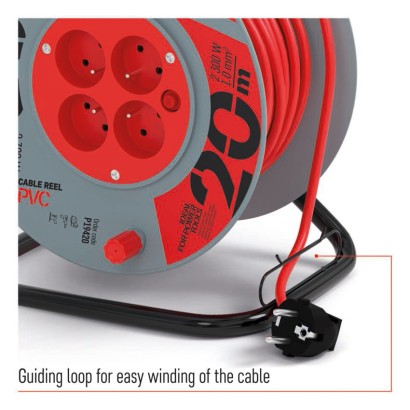Przedłużacz bębnowy 20 m / 4 gniazda / czerwony / PVC / 230 V / 1 mm2