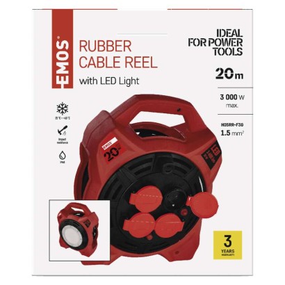 Venk. prodl. kabel na bubnu 20 m / 4 zás. / guma / 230 V / 1,5 mm2 s LED reflektorem