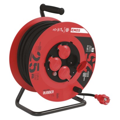 Vonkajší predlžovací kábel na bubne 25 m / 4 zásuvky / čierny / guma / 230 V / 1,5 mm2