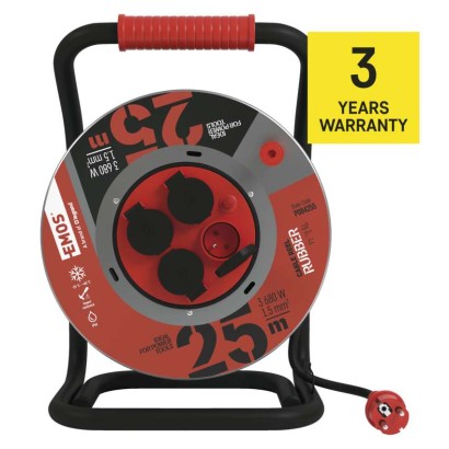 Vonkajší predlžovací kábel na bubne 25 m / 4 zásuvky / čierny / guma / 230 V / 1,5 mm2