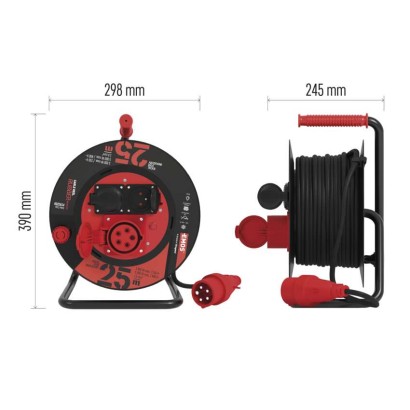 Vonkajší predlžovací kábel na bubne 25 m / 3 zásuvky / čierny / guma / 230V/400V / 1,5 mm2