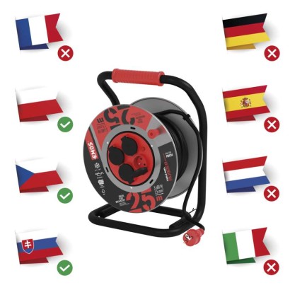 Venkovní prodlužovací kabel na bubnu 25 m / 4 zás. / černý / guma-neopren / 230V / 1,5 mm2