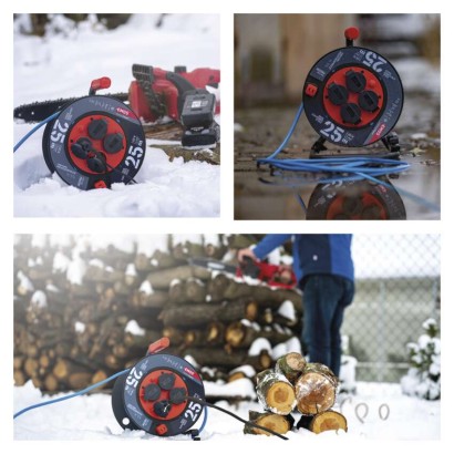 Počasí odolný prodluž. kabel na bubnu 25 m / 4 zásuvky / modrý / PVC / 230 V / 1,5 mm2