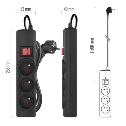 Přepěťová ochrana – 3 zásuvky, 1,5 m, černá