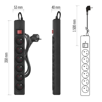 Přepěťová ochrana – 6 zásuvek, 1,5 m, černá