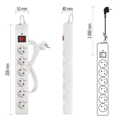 Přepěťová ochrana – 6 zásuvek, 3 m, bílá