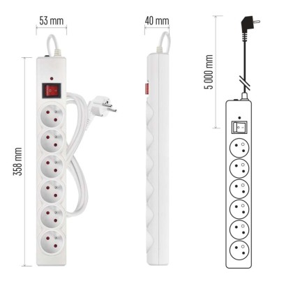 Přepěťová ochrana – 6 zásuvek, 5 m, bílá