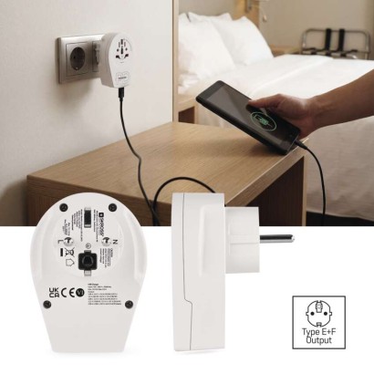 Cestovný univerzálny adaptér pre cudzincov do strednej Európy, 1×USB-C, 1×USB-A