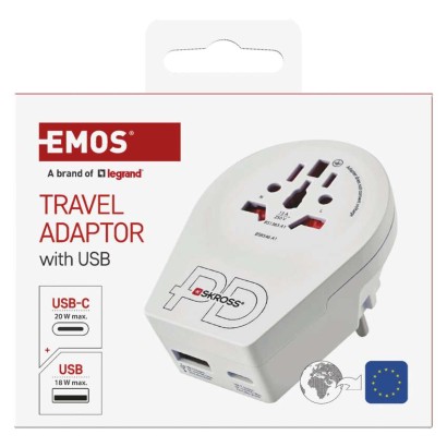 Cestovný univerzálny adaptér pre cudzincov do strednej Európy, 1×USB-C, 1×USB-A