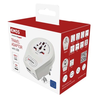 Cestovný univerzálny adaptér pre cudzincov do strednej Európy, 1×USB-C, 1×USB-A
