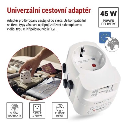 Cestovní univerzální adaptér do zahraničí (Amerika, Asie, Afrika), 1×USB-C, 1×USB-A