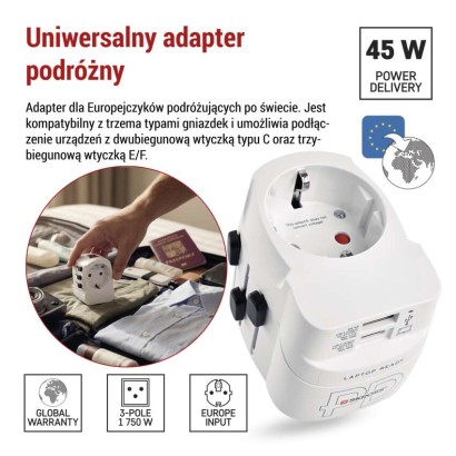 Adapter podróżny do Ameryki, Afryki i Azji, biały, 1×USB-C, 1×USB-A
