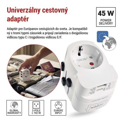 Cestovný univerzálny adaptér do zahraničia (USA, Ázia, Afrika), 1×USB-C, 1×USB-A