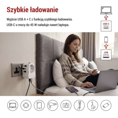 Adapter podróżny do Ameryki, Afryki i Azji, biały, 1×USB-C, 1×USB-A