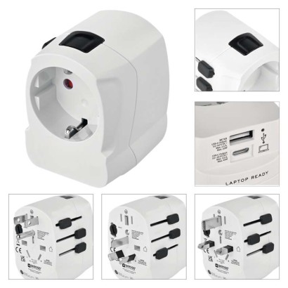 Universal Reiseadapter für Ausland – Amerika, Asien, Afrika, 1×USB-C, 1×USB-A