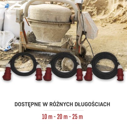 Przedłużacz 3-fazowy ogrodowy 10 m / 1 gniazdo / czarny / guma / 400 V / 2,5 mm2